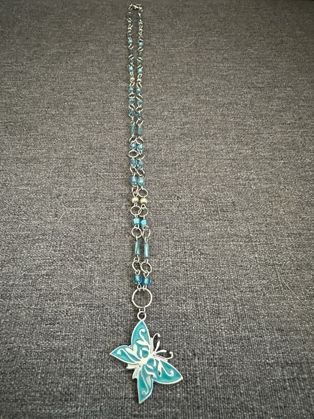 Turquoise Blue Butterfly Pendant Necklace Silver Tone Double Strand Beaded